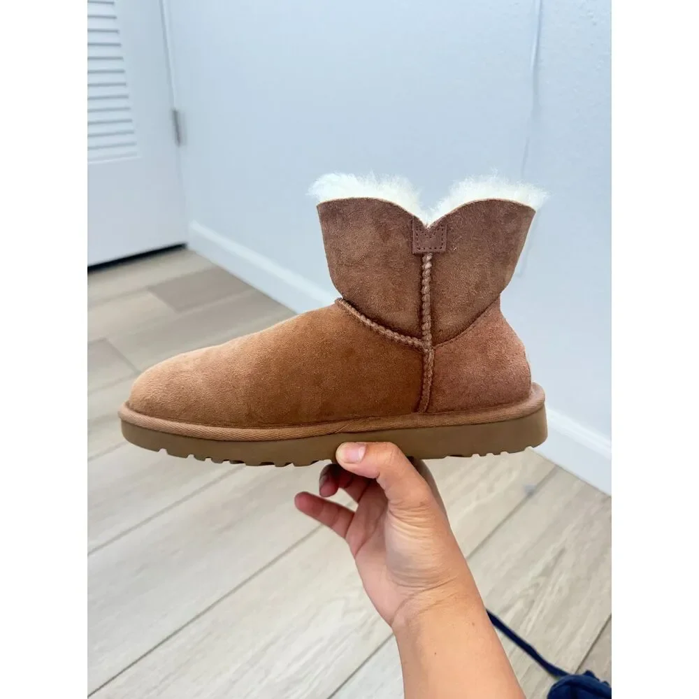 UGG Women's Mini Bailey Button II Chestnut Suede Shearling Boots